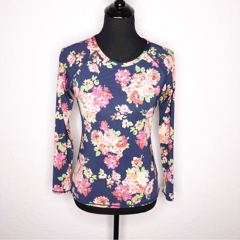 Garnet Hill navy pink floral long sleeve top size Small